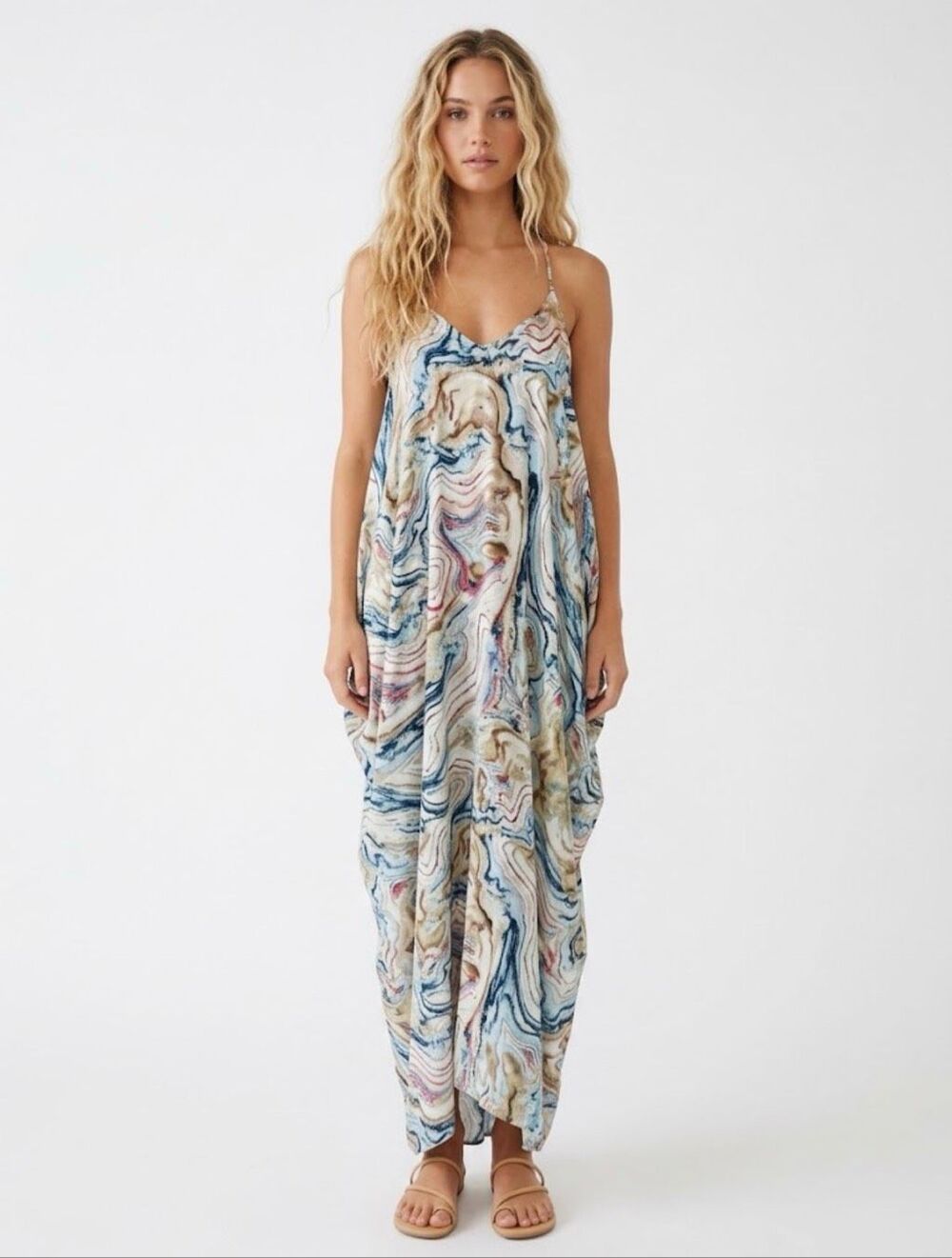 NWT Lovestitch Abstract Marble Print Drape Slip Cocoon Maxi Dress S/M Boho Swirl